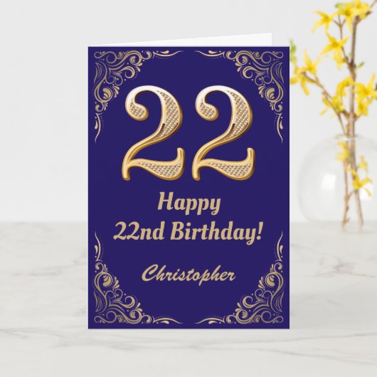 22誕生日ネイビーブルーと金ゴールドグリッターフレーム カード (黄色い花)