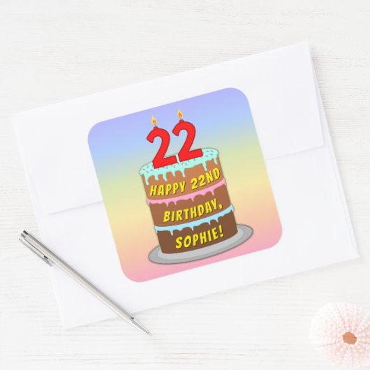 22誕生日:おもしろいケーキとキャンドル+名前をカスタムする スクエアシール (封筒)