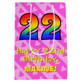 22誕生日:おもしろいピンクハート;レインボー22 ミディアムペーパーバッグ