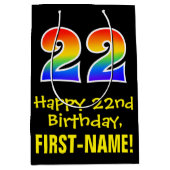22誕生日:おもしろい、はっきりした、カラフルレインボー「22」 ミディアムペーパーバッグ (正面)