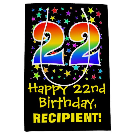 22誕生日:カラフルスターズパターン&レインボー22 ミディアムペーパーバッグ (正面)