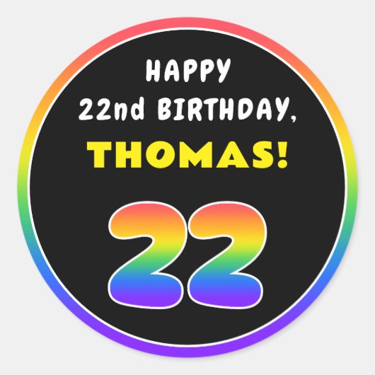 22誕生日:カラフルレインボー# 22、名前をカスタムする ラウンドシール (正面)