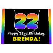 22誕生日:カラフルレインボー# 22、名前をカスタムする ラージペーパーバッグ (正面)