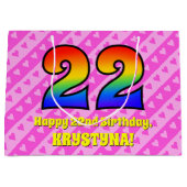 22誕生日：ピンクストライプのハート、レインボー# 22 ラージペーパーバッグ (正面)