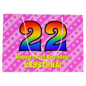 22誕生日：ピンクストライプのハート、レインボー# 22 ラージペーパーバッグ (裏面)