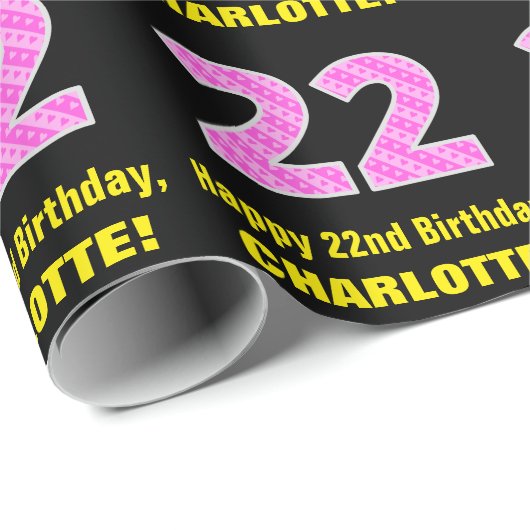 22誕生日:ピンクストライプ色のハートと"22" +名前 ラッピングペーパー (ロールコーナー)