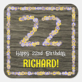 22誕生日:フローラ番号、フェイク木目、名前 スクエアシール (正面)