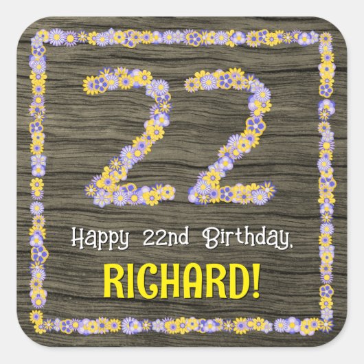 22誕生日:フローラ番号、フェイク木目、名前 スクエアシール (正面)
