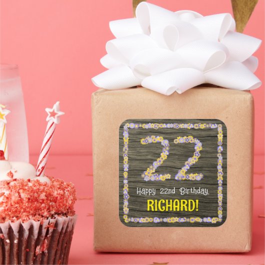 22誕生日:フローラ番号、フェイク木目、名前 スクエアシール (パーティー)