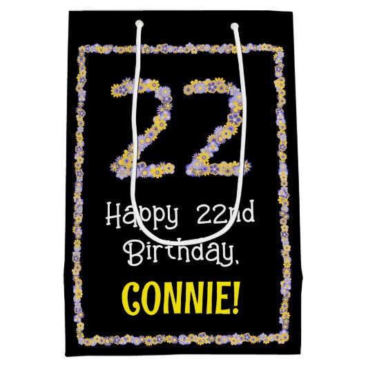 22誕生日:フローラ花数名前をカスタムする ミディアムペーパーバッグ (裏面)