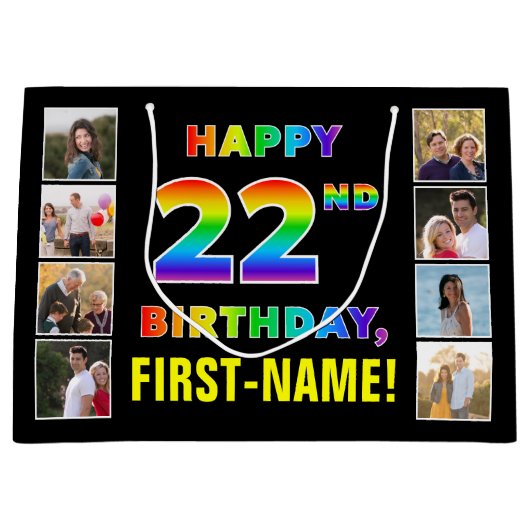 22誕生日:レインボー文字カスタム、写真&名前 ラージペーパーバッグ (正面)