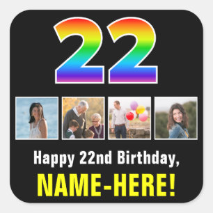22誕生日:レインボー「22」、写真カスタムと名前 スクエアシール