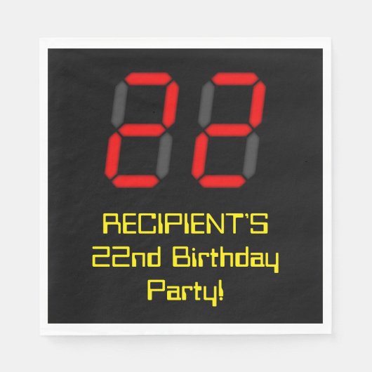 22誕生日：レッドデジタルクロックスタイル"22" +名前 スタンダードランチョンナプキン (正面)