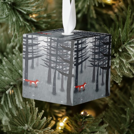 224.キツネと森 キューブオーナメント (ツリー)