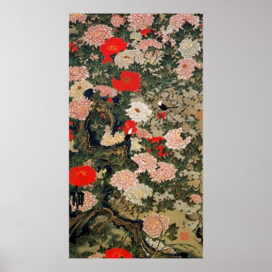 22. 牡丹小禽図, 若冲 Peonies & Small Birds, Jakuchū ポスター (正面)