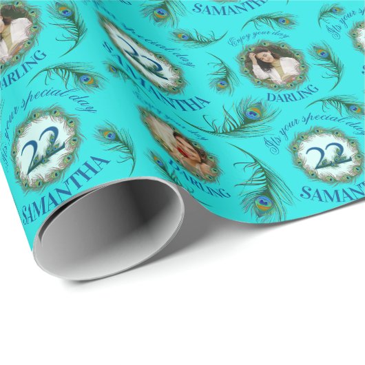 22 Peacock Feather Fully Editable Custom Photo ラッピングペーパー (ロールコーナー)
