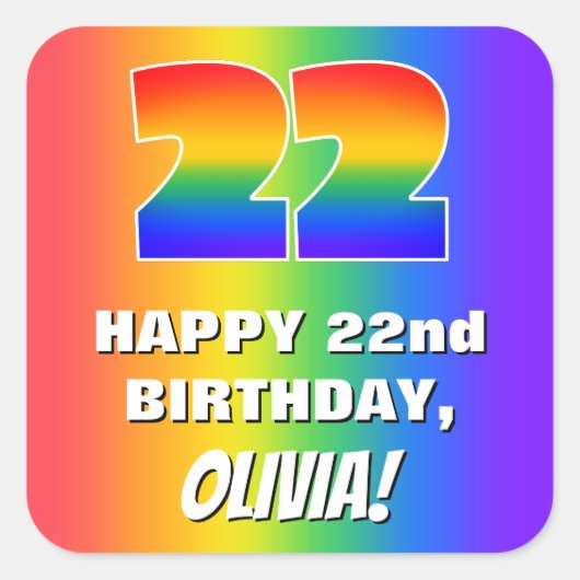 22nd Birthday: Colorful, Fun Rainbow Pattern # 22 スクエアシール (正面)