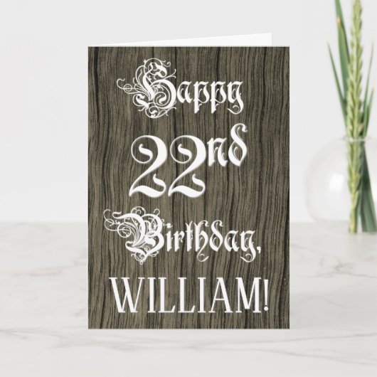 22nd Birthday: Fancy, Elegant Text; Faux Wood Look カード (正面)