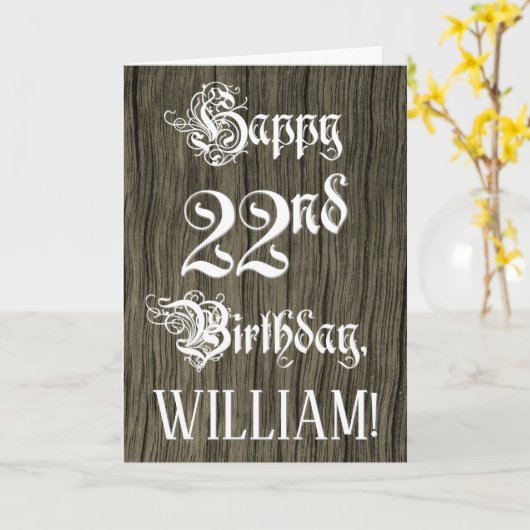 22nd Birthday: Fancy, Elegant Text; Faux Wood Look カード (黄色い花)