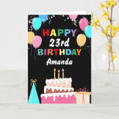 23ハッピーバースデーカラフルバルーンケーキブラック カード (黄色い花)