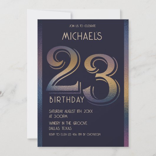 23日モダン濃い紫と金ゴールド 招待状 (正面)