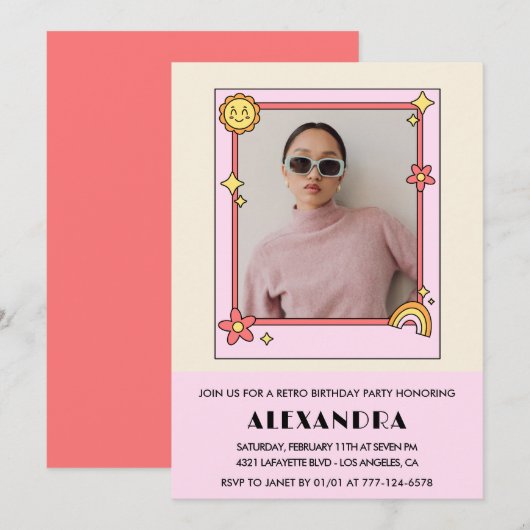 23歳の誕生日の招待レトロGroovy Pinkフローラ 招待状 (正面/裏面)