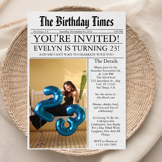 23歳の誕生日パーティーの新聞風ユニークな写真  招待状