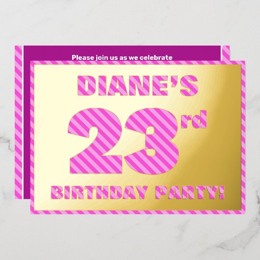 23歳の誕生日パーティー - 大胆で楽しいピンクのストライプ #23 箔招待状 (正面/裏面)