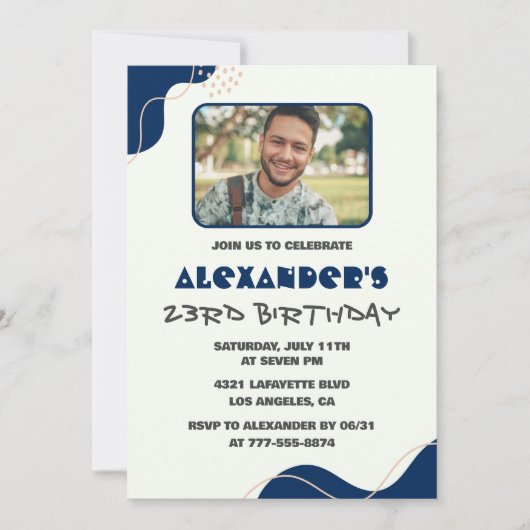 23歳の誕生日招待状メンズ海軍シンプル写真 招待状 (正面)