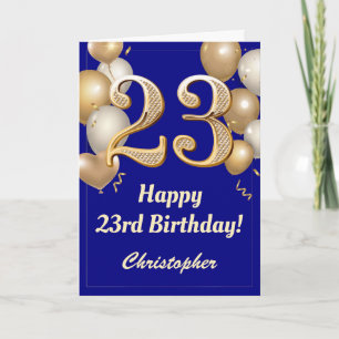 23歳の誕生日 ネイビーブルーとゴールドの風船と紙吹雪 カード