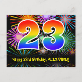 23歳の誕生日 – 楽しい花火模様 + 虹 23 ポストカード