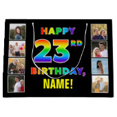 23歳の誕生日:虹のテキスト、カスタム写真&名前 ラージペーパーバッグ (正面)