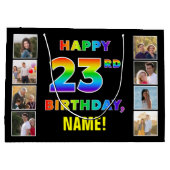 23歳の誕生日:虹のテキスト、カスタム写真&名前 ラージペーパーバッグ (裏面)