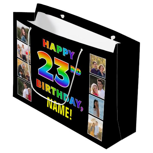 23歳の誕生日:虹のテキスト、カスタム写真&名前 ラージペーパーバッグ (正面アングル)