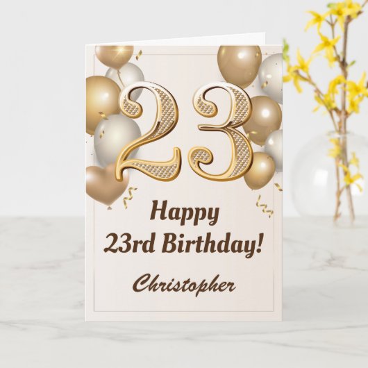 23番目の誕生日金ゴールドバルーンと紙吹雪誕生日 カード (黄色い花)