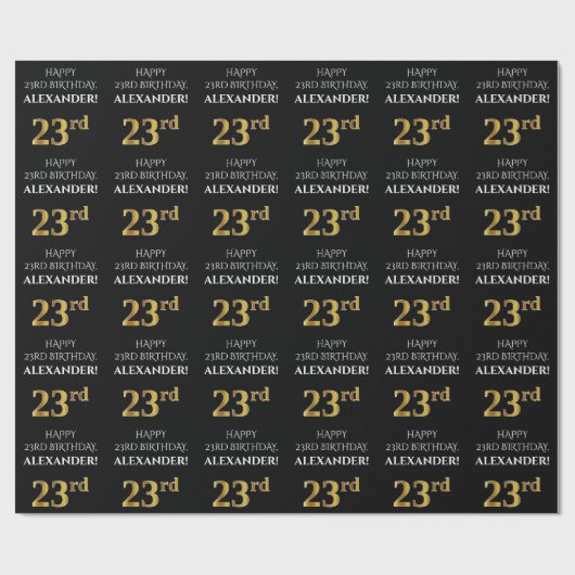 23番目の誕生日: エレガント、黒、フェイク金ゴールドルック ラッピングペーパー (フラット)