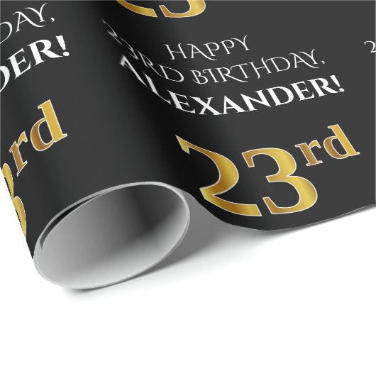 23番目の誕生日: エレガント、黒、フェイク金ゴールドルック ラッピングペーパー (ロールコーナー)