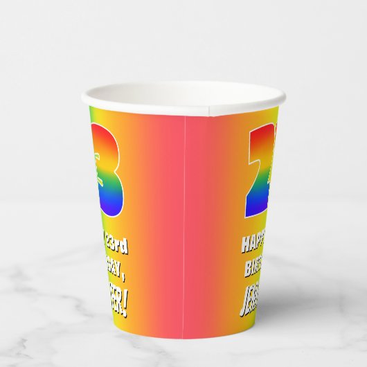 23番目の誕生日: カラフル、おもしろいレインボーパターン# 23 紙コップ (右)