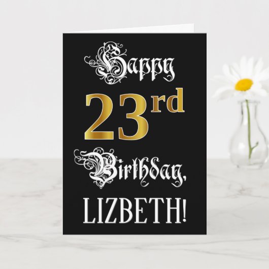 23番目の誕生日:ファンシースクリプト、フェイク金ゴールド・ルック、名前 カード (小さな植物)