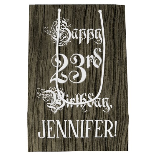 23番目の誕生日: ファンシー, フェイク Wood Look +名前をカスタムする ミディアムペーパーバッグ (裏面)