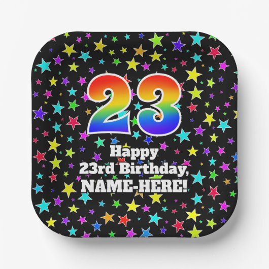 23誕生日:おもしろいスター柄と虹"23" ペーパープレート (正面)