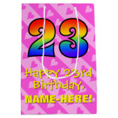 23誕生日:おもしろいピンクハートストライプ、レインボー23 ミディアムペーパーバッグ (裏面)