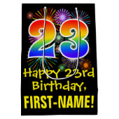 23誕生日:おもしろい花火パターン+虹23 ミディアムペーパーバッグ (裏面)