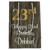 23誕生日:エレガントフェイク金ゴールドルック#,フェイク Wood ミディアムペーパーバッグ (裏面)