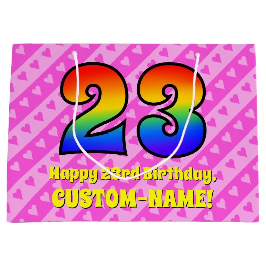 23誕生日:ピンクストライプのハート、レインボー# 23 ラージペーパーバッグ (正面)