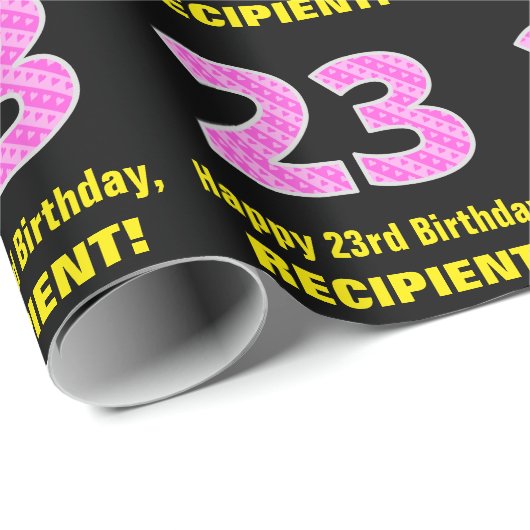 23誕生日:ピンクストライプ色のハートと"23" +名前 ラッピングペーパー (ロールコーナー)