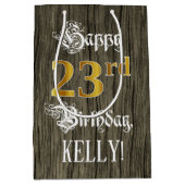 23誕生日:フェイク金ゴールドルック&ウッドフェイクパターン ミディアムペーパーバッグ (正面)