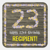 23誕生日:フローラ番号、フェイク木目、名前 スクエアシール (正面)