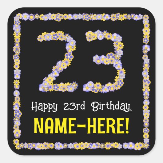 23誕生日:フローラ花数名前をカスタムする スクエアシール (正面)