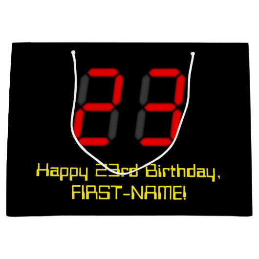 23誕生日：レッドデジタルクロックスタイル"23" +名前 ラージペーパーバッグ (正面)
